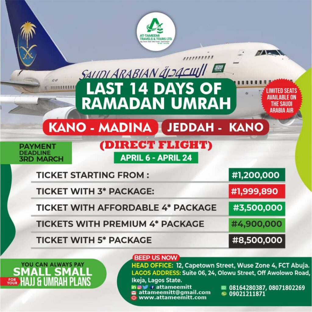 Attameemitt Travels and Tours: Last-14-days-of-Ramadan-umrah-kano-medina